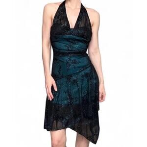 VTG Y2K Taboo Black & Blue Sequin Floral Fairy Dress Halter Neck S Whimsygoth